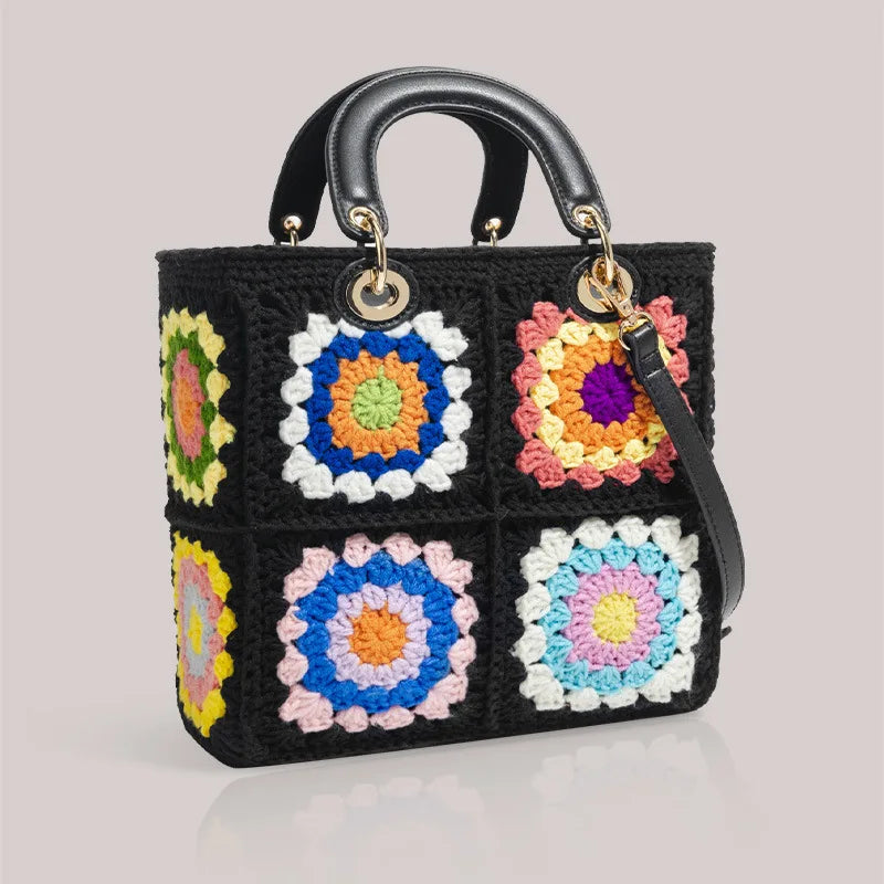 Crochet tote bag chic granny square Gran handbag handmade top handle bucket handbag woven Jacquard bag wholesale