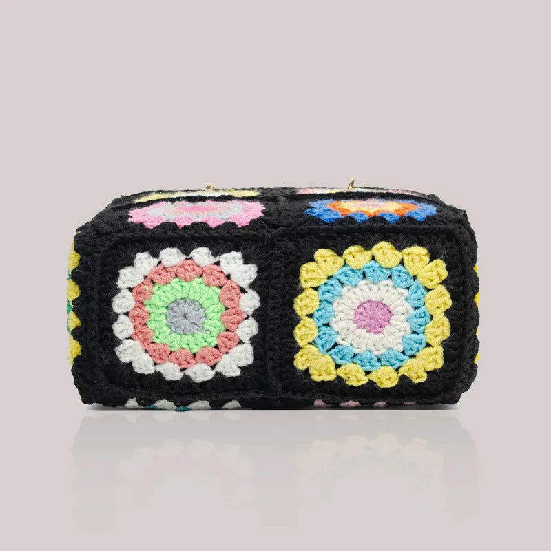 Crochet tote bag chic granny square Gran handbag handmade top handle bucket handbag woven Jacquard bag wholesale