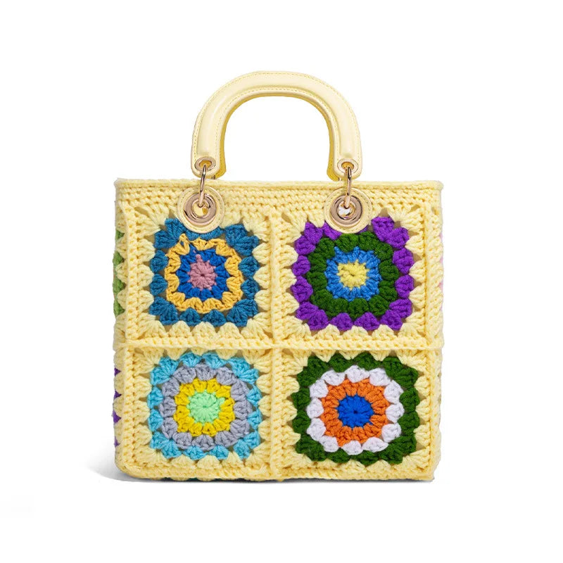 Crochet tote bag chic granny square Gran handbag handmade top handle bucket handbag woven Jacquard bag wholesale