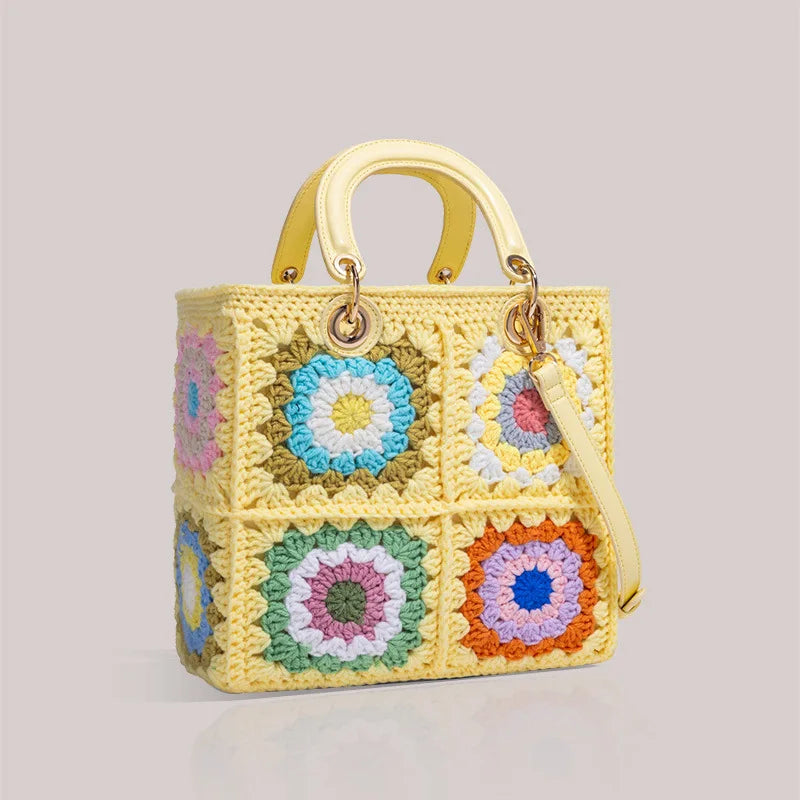 Crochet tote bag chic granny square Gran handbag handmade top handle bucket handbag woven Jacquard bag wholesale